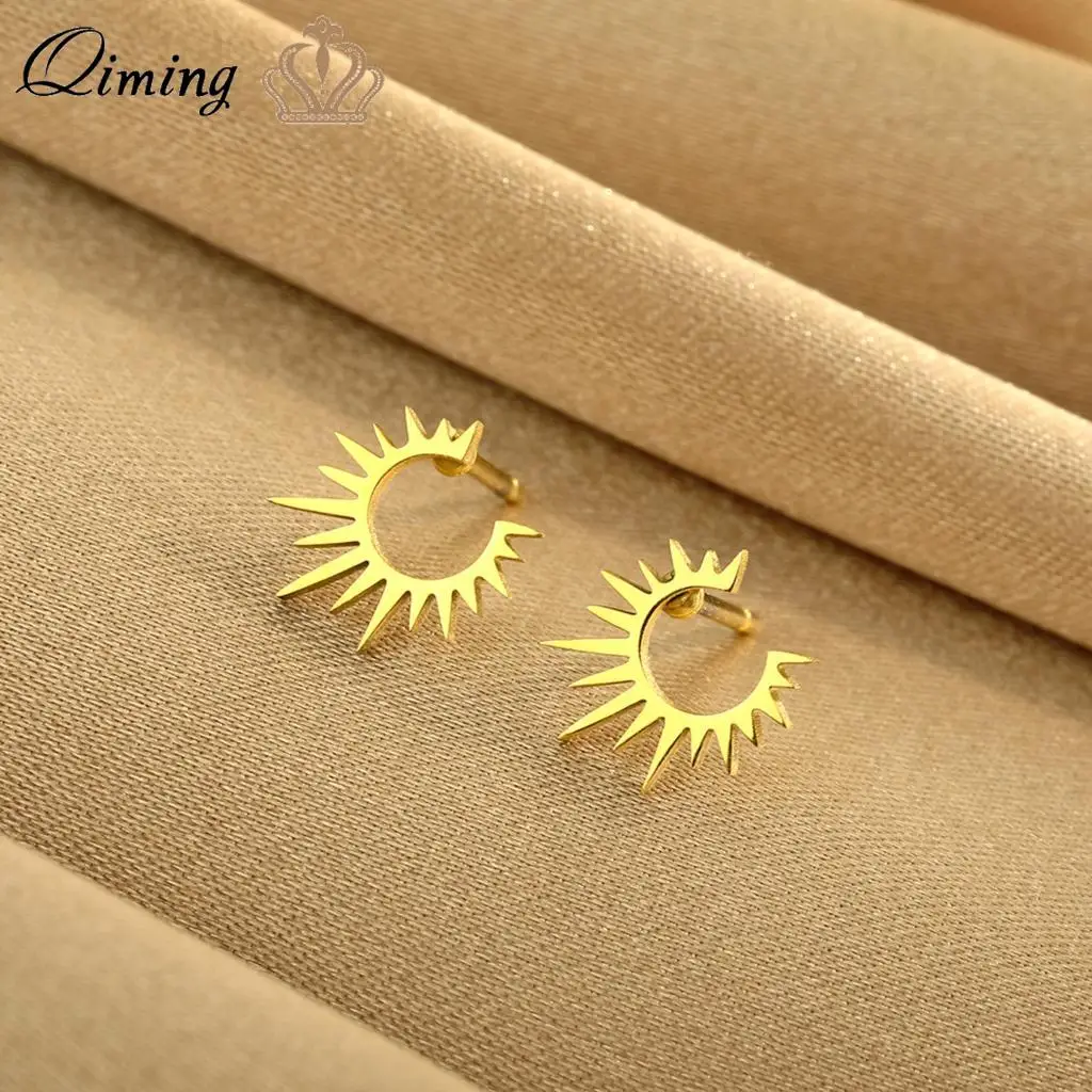 QIMING Sun Sunrise Women Earrings Stainless Steel Jewelry Solar Geometric Stud Earring Party Gift