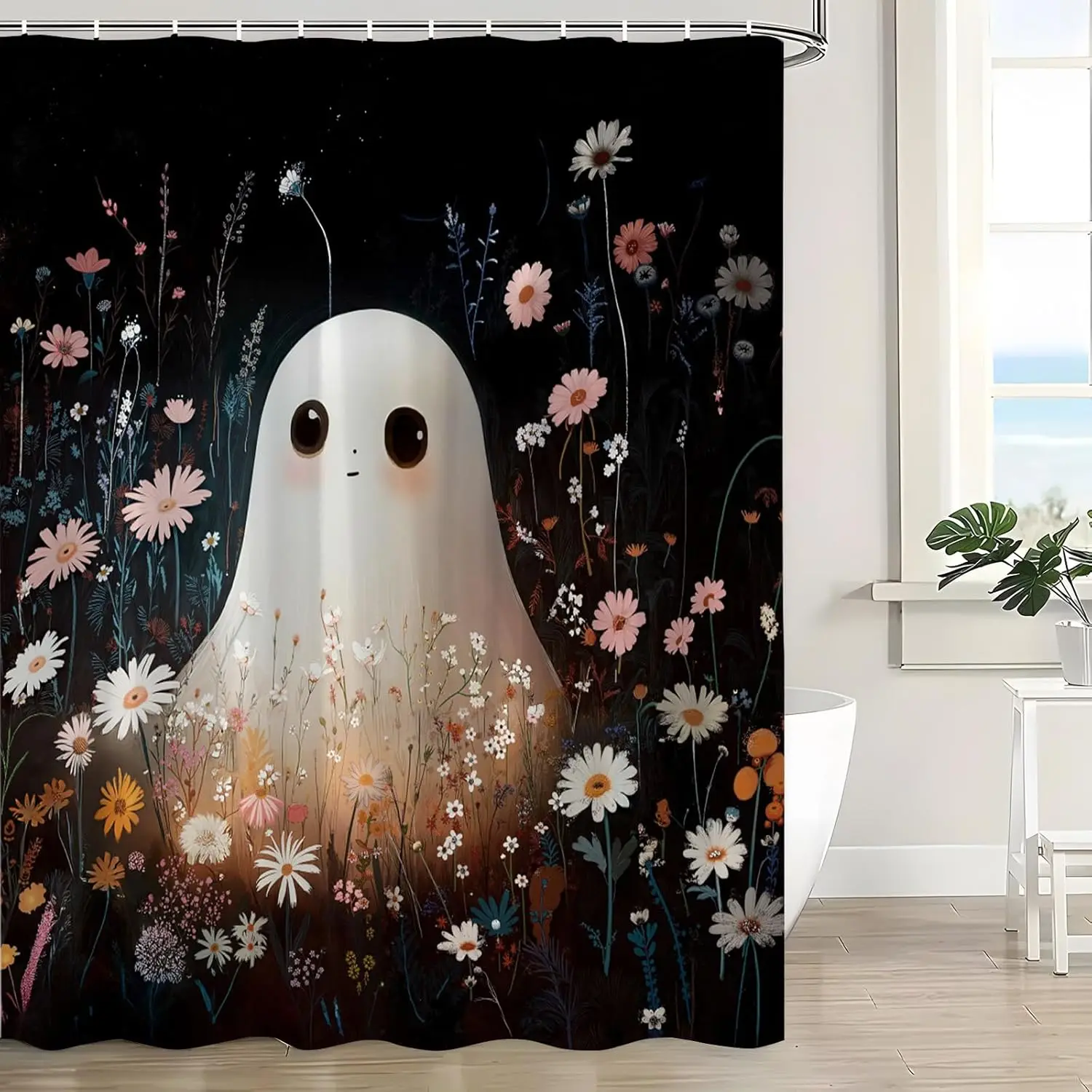 Halloween Spooky Shower Curtain Cute Funny Ghost Watercolor Daisy Floral Natural Plant Gothic Horror Cartoon Happy Holiday