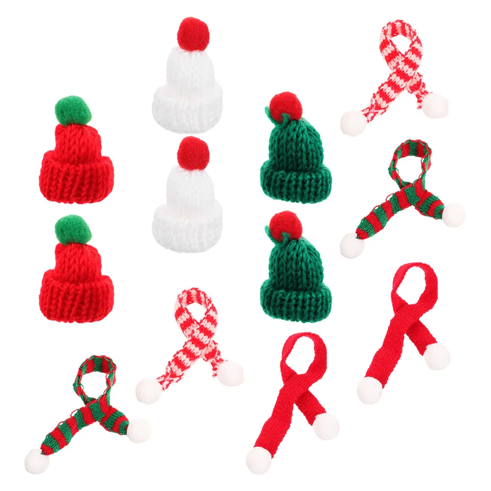 

12pcs Christmas Hat Scarf Set Mini Knit Hats Crafts Yarn Snowman Design Holiday Decor Tiny Party Bottle