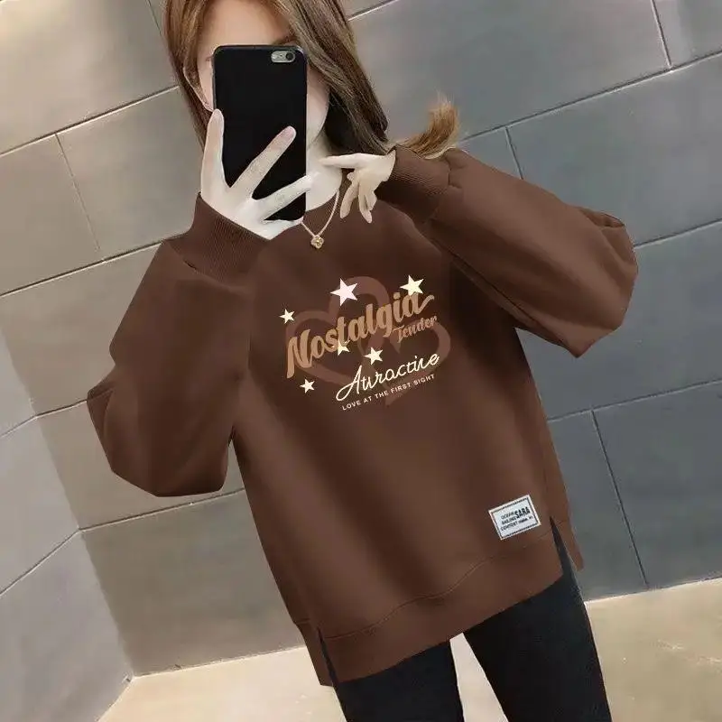 Thickened Fleece Oversize Loose Thin Women's Sweatshirt Fashionable All-Match Autumn Winter New Style Comfortable Cotton Pull...