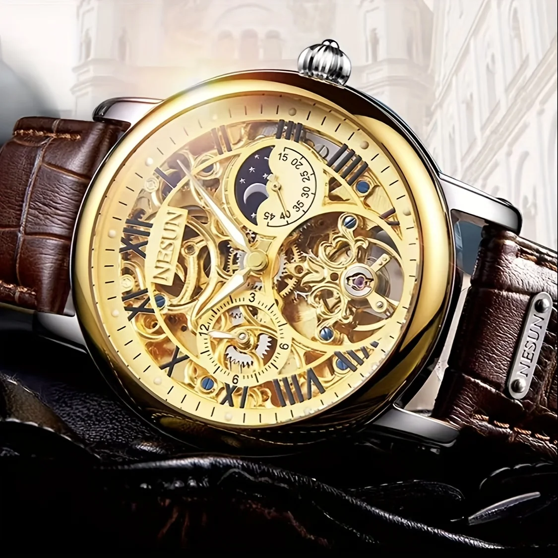 Nesun men's watch automatic mechanical watch men's large dial double hollowed men's watch luminous business men's watch