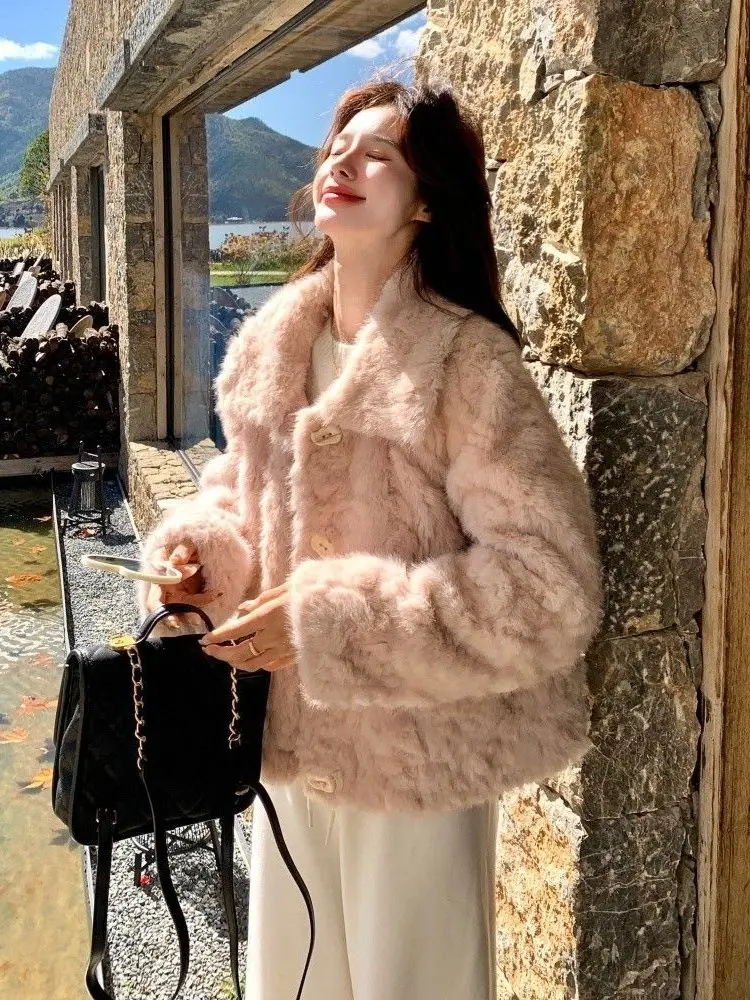 

Eco-Friendly Short Style Women's Jacket Collar Upturned Mink Fur Plush Coat Spring Autumn New Model Fashionable Commute Style