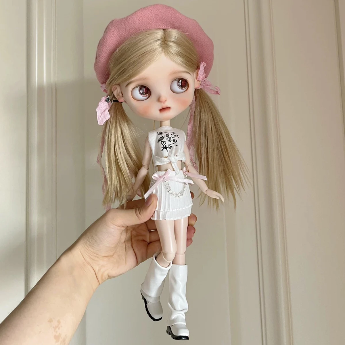 ICY DBS Blyth Doll Clothe Accessories Summer Sweetheart Graffiti Vest+Pleated Skirt+Bow Headdress+Pink Beret Set For Azone Blyth