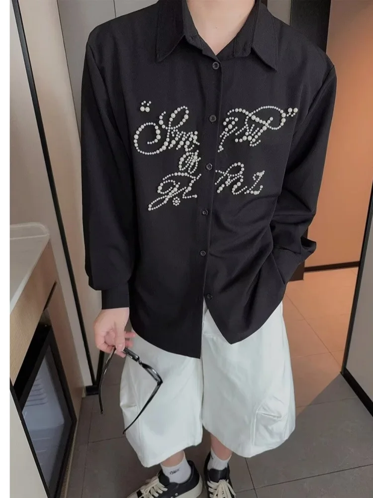 

Loose Fit Long Sleeve Pearl Letter Print Men's Shirt Trendy Korean Style Casual Black Shirt Spring Summer Collection