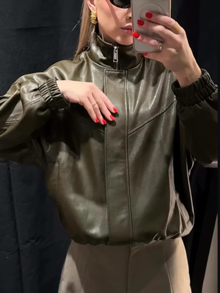 Giacca da donna in PU con colletto alla coreana Giacche casual in ecopelle con cerniera a maniche lunghe allentate 2026 Spring Street Lady Novità in capispalla