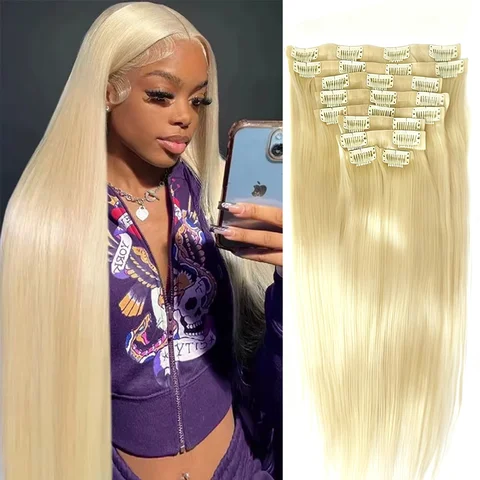 Blonde Clip In Hair Extensions 100% Brazilian Raw Hair 613 Bone Straight Clip In Natural Invisible Seamless Clip ins Human Hair