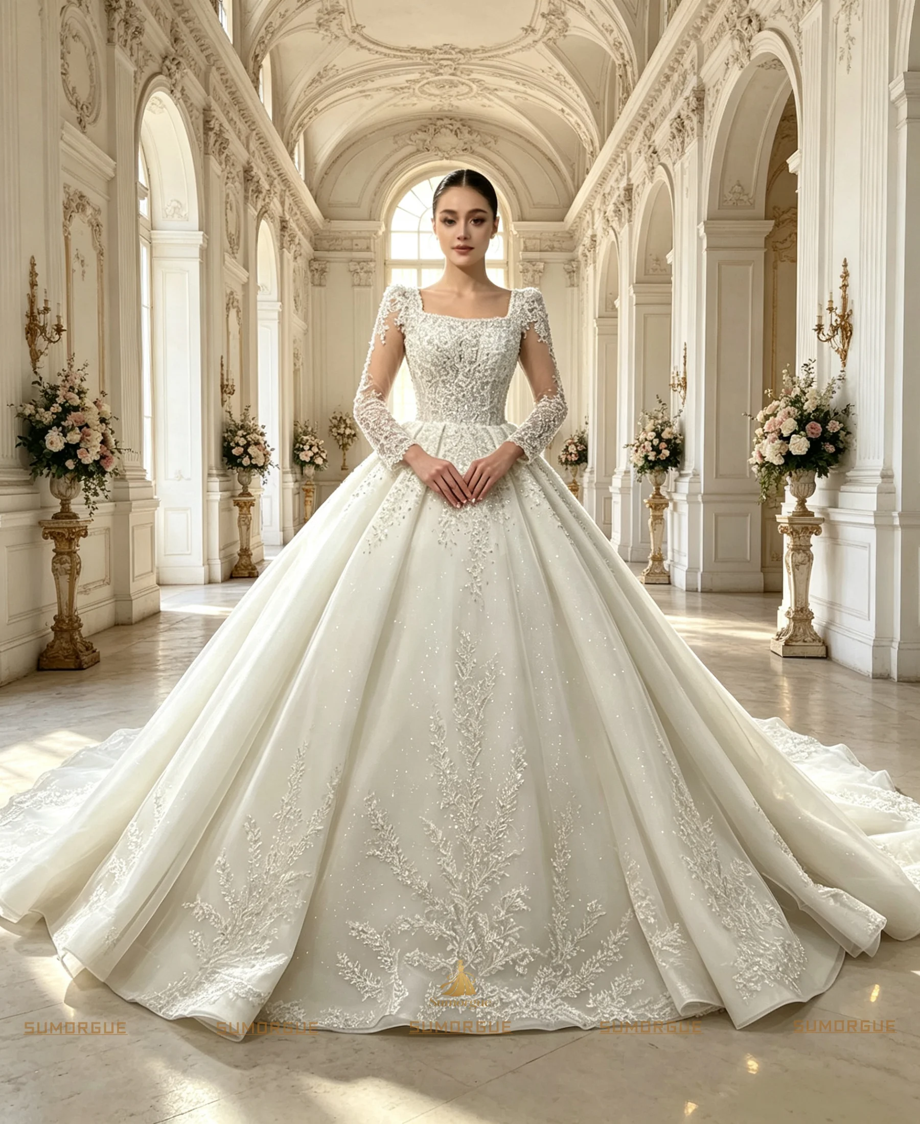 Exquisite Square  Wedding Dresses Embroidered With Bead Sequins Princess Gown Full sleeve high-end Customzied Vestidos De Novia