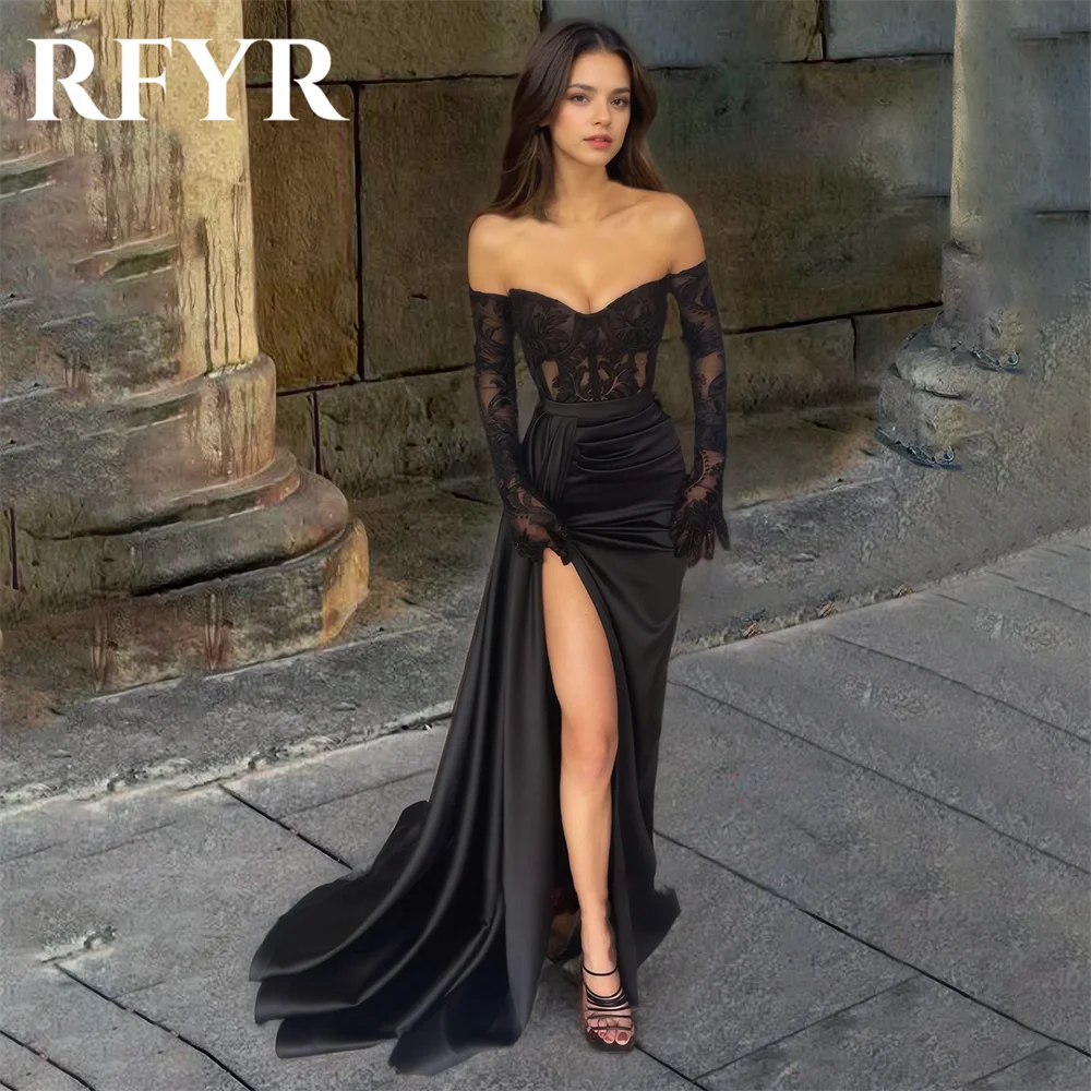 

RFYR Black Off the Shoulder Party Dress Scoop Prom Dress with High Split Trumpet Pleat Appliques Stain Evening Gowns Customized