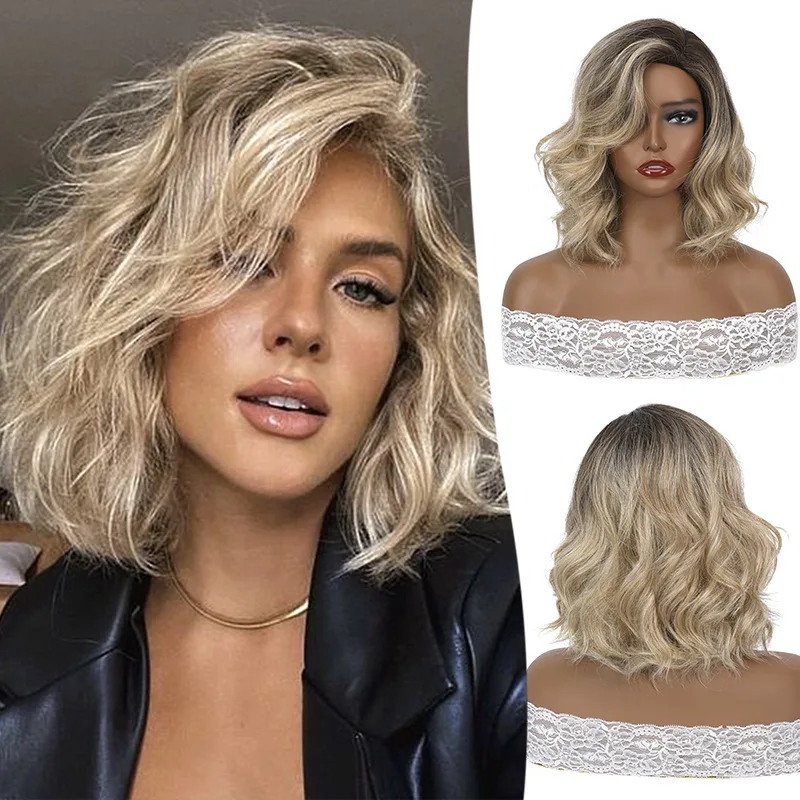 

11,8-дюймовый женский градиентный светлый волнистый синтетический парик, короткий блестящий многослойный светлый коричневый парик с разрезом по бокам, окрашенный сверху