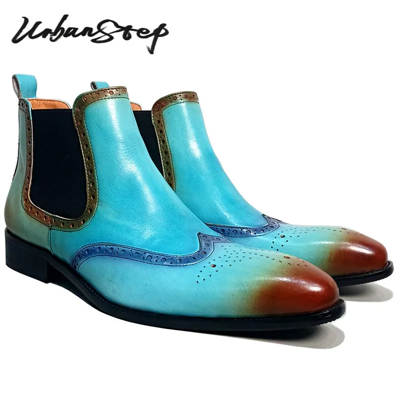 

LUXURY MEN'S CHELSEA BOOTS SHOES BLUE BROWN WINGTIP SLIP ON ANKLE BOOTS CASUAL MEN DRESS SHOES GENUINE LEATHER BOOTS MEN