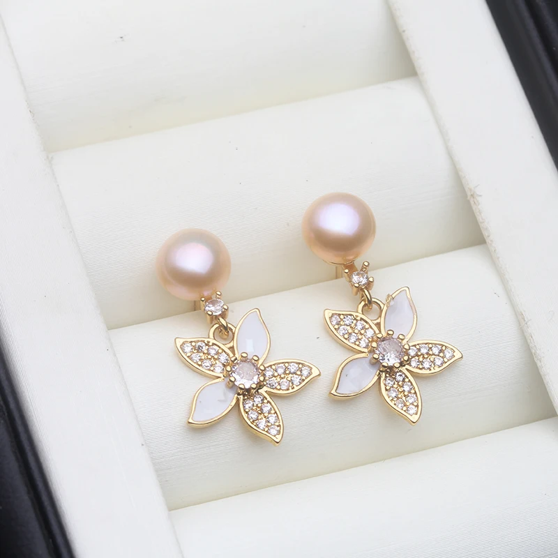 Real Dangle Freshwater Natural Pearl Earrings Woman,Flower 925 Silver Pearl Earrings Girlfriend Wife Anniversary Gift White Pink