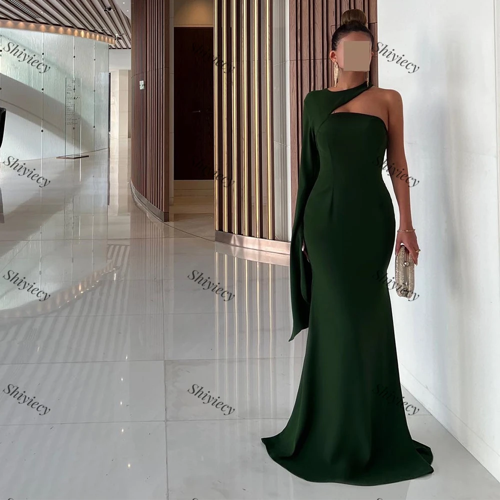 Fashion Mermaid Evening Dress Saudi Arabia Women One Shoulder Prom Dress Green Sweep Train Floor Length Special Occasions Dress