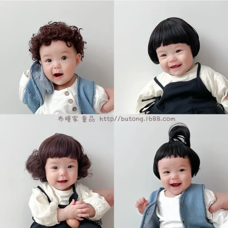 1pc Baby Wig Cap Short Bob Photo Style Boys and Girls Cute Fashion Braid Headwear Hair Set