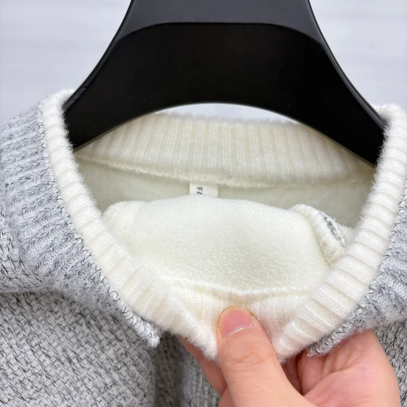 men's autumn winter high quality fleece-lined knit long sleeves pullover round neck keep warm sweater leisure trend men clothing