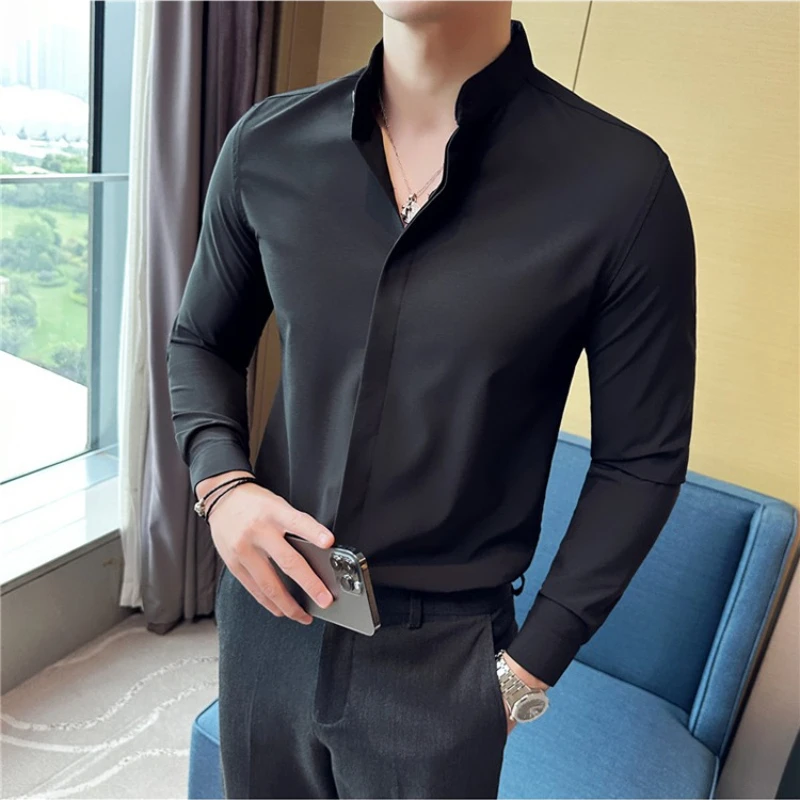 Autumn Winter Business Casual Shirt Men's Chinese Style Standing Collar Shirts Elastic Long Sleeve Office Social Men Clothing