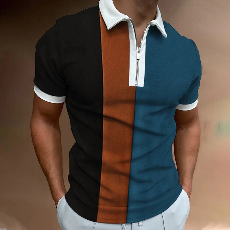 Casual Style Summer Daily Stitching Polo Zipper Short Sleeve Shirt for Men