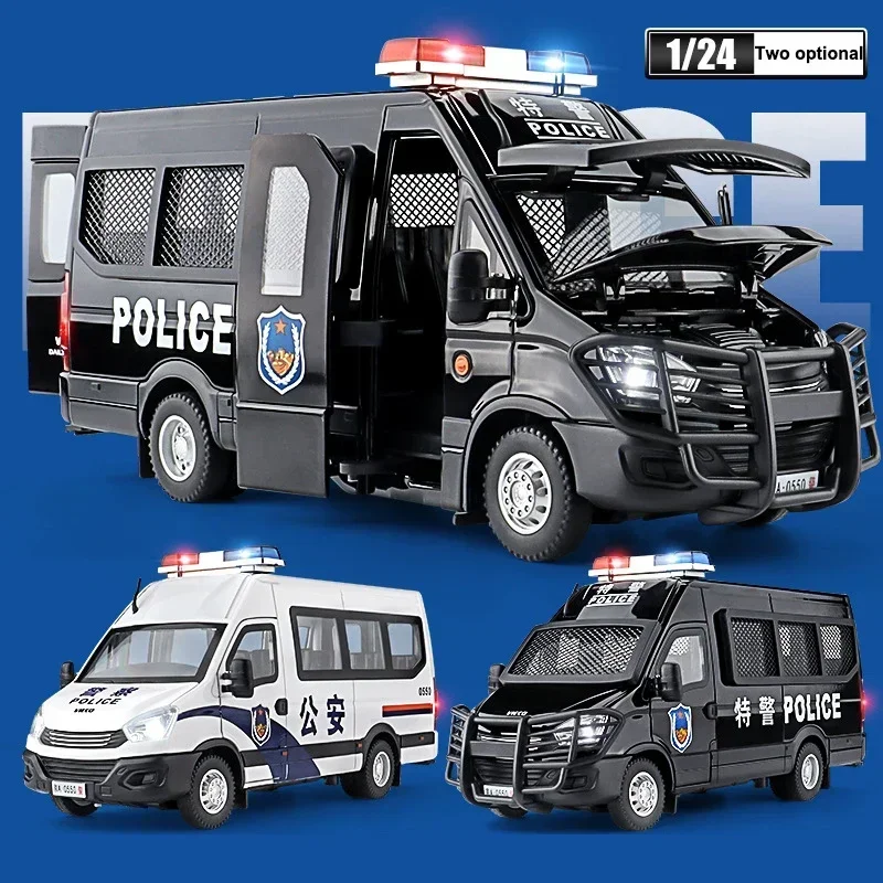 Modèle de voiture de police SWAT en alliage moulé sous pression, son et lumière, dos côtelé, voiture de police, simulation, ornements, cadeaux, 1:24