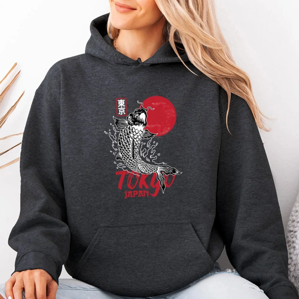 Tokyo Japan Koi Fish Black Carp with Red Sun & Text Heat Transfer Printing Patch Iron-on Men Women Clothing T-shirt Backpack DIY