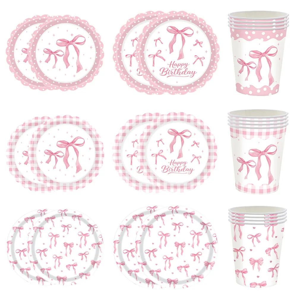 10/30/50Pcs Bogen Pappteller Tassen Rosa Weiß Einweg Geschirr Platte Mädchen Dekor Kokette Bogen Themen Geburtstag partei Liefert – Detail 1