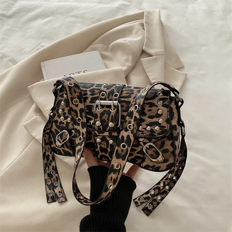 

Unique Motorcycle-style Rivet Retro Women's Leopard Print Trendy Design Shoulder And Crossbody Bag