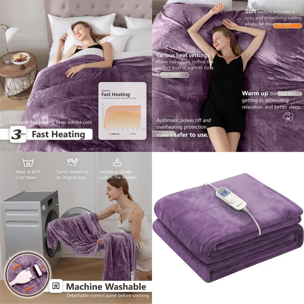 

Электрическое одеяло полноразмерное 72x84 дюйма с 10 уровнями нагрева, 12 режимами таймера и автоматическим отключением через 8 часов