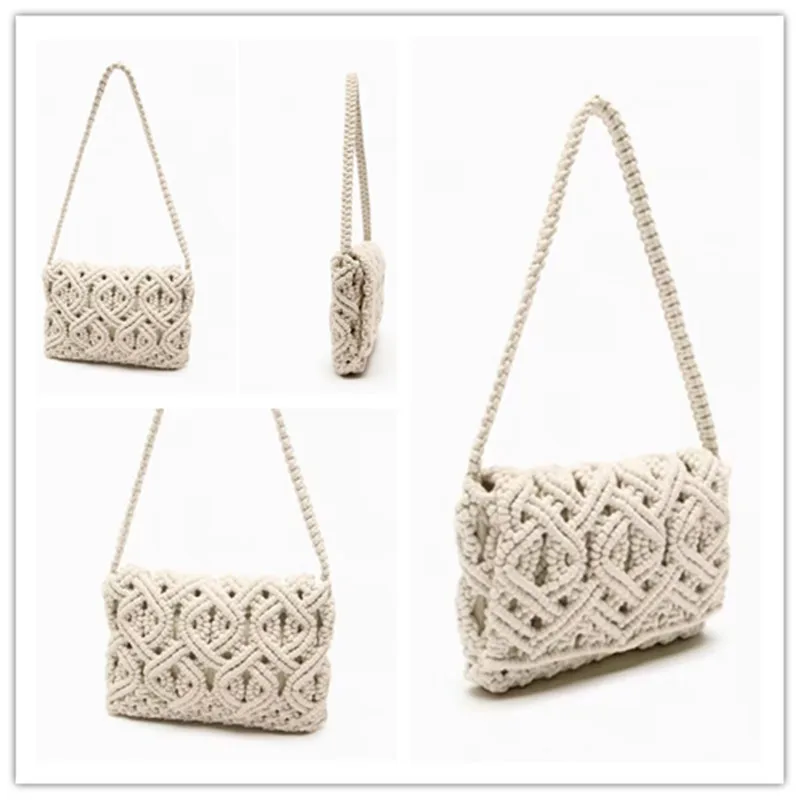 Rope Crochet Women Shoulder Bag Hollow Knitting Handbags Bohemian Woven Flap Handmade Square Tote Female Shopper Purses Clutch