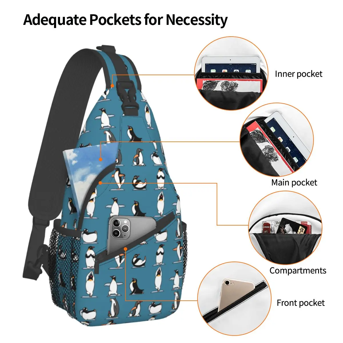 Schattige Pinguïn Yoga Sling Bag Borst Crossbody Schouder Rugzak Wandelen Reizen Dagrugzakken Cartoon Dier Cool School Tassen