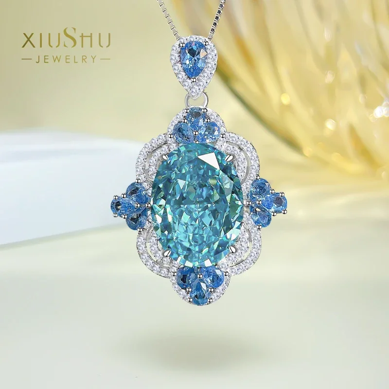 Desire Seiko Luxury Inlaid Sea Blue Treasure Egg shaped Pendant  with Imported High Carbon Diamonds, Grand and Retro Style