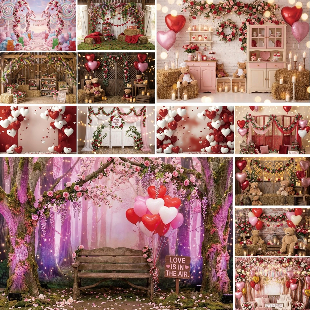 

MOON.QG February 14 Decoration Backdrop Candyland Barn Hay Teddy Bear Photo Background Photozone Birthday Wallpaper Valentines