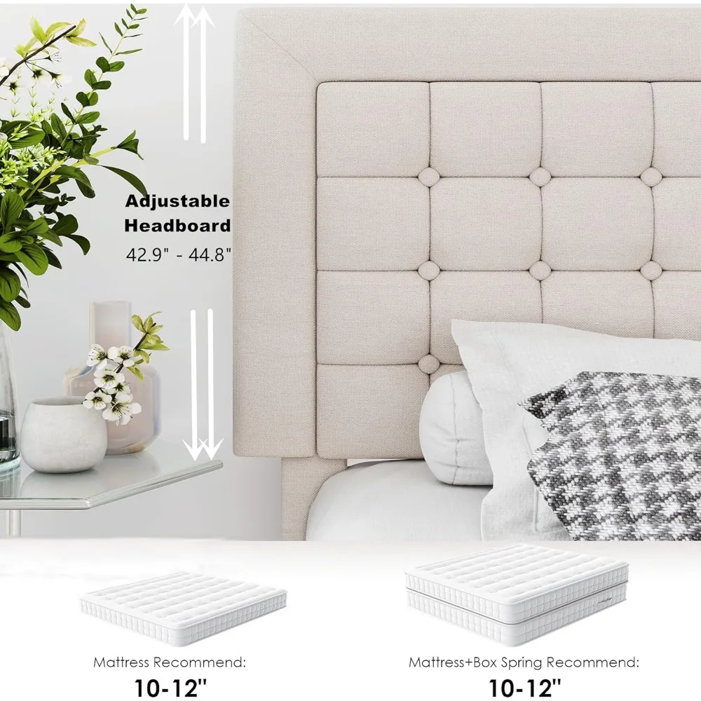 Queen Size Bed Frame, Queen Modern Soft Linen Upholstered Platform Bed with Button Tufted Adjustable Headboard /No Noise image 4