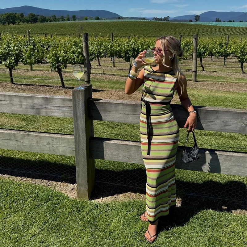 

Retro Green Striped Two Piece Outfit Sleeveless Backless Tie Crop Top High Waist Sheer Maxi Skirt Festival Going Out Set