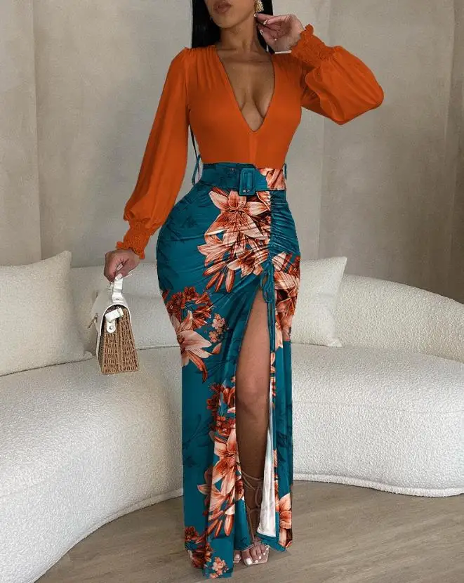 Elegant Party Women's Dresses Fashion Printed V-Neck Lantern Sleeve High Waist Drawstring Folded Split Urban Women's Long Dress