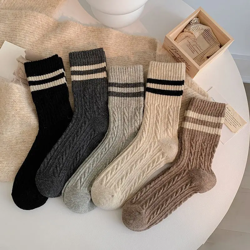 Preppy Twist Woollen Striped Mid-tube Socks for Women Autumn-winter Thickened Warm Wool Vintage Socks