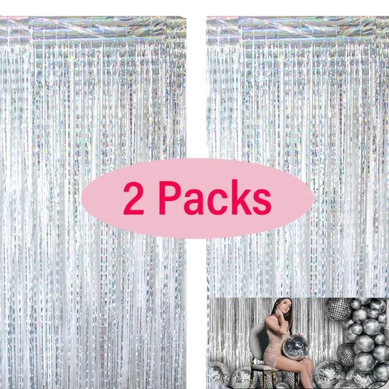 2Pack Foil Curtain Backdrop Silver Metallic Tinsel Foil Fringe Curtains for Birthday Wedding Baby Shower Disco Party Decorations