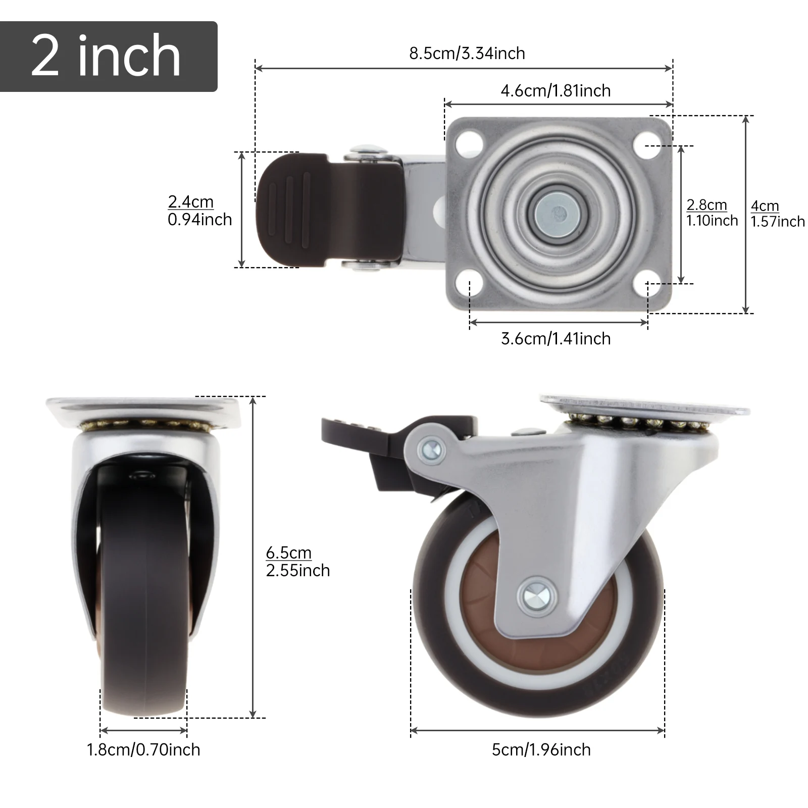 4 pcs 1/1.25/1.5/2 inch Metal Top TPR Rubber Small Ball Bearings Caster Wheels Tools for Night Stand / Small Project with Brake