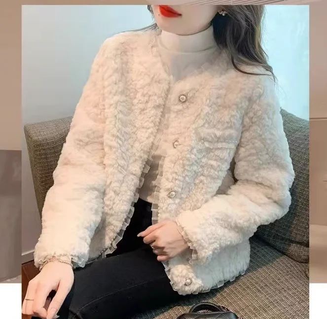 Women's Clothing High Texture Lace Bead Edge Faux Fur Coat Winter New  NO.4