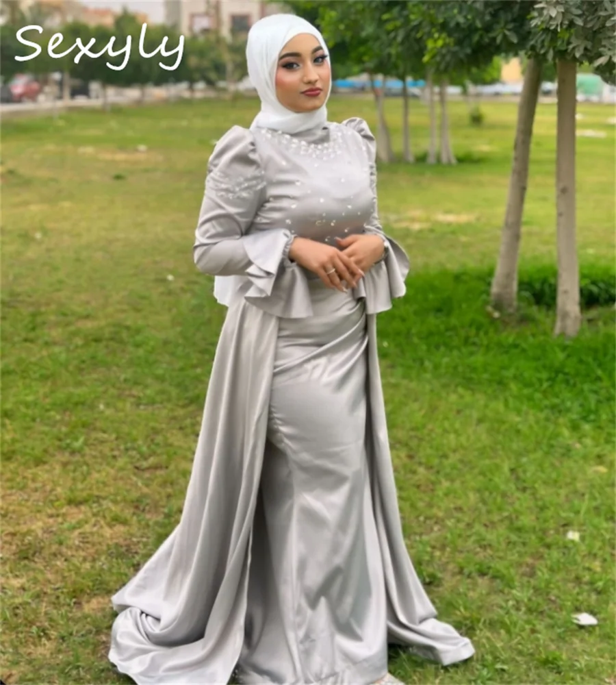 화려한 실버 무슬림 이브닝 드레스, 오버 스커트 기차, 이슬람, 중동, 아랍 인어 무도회 원피스, 크리스탈 맞춤형