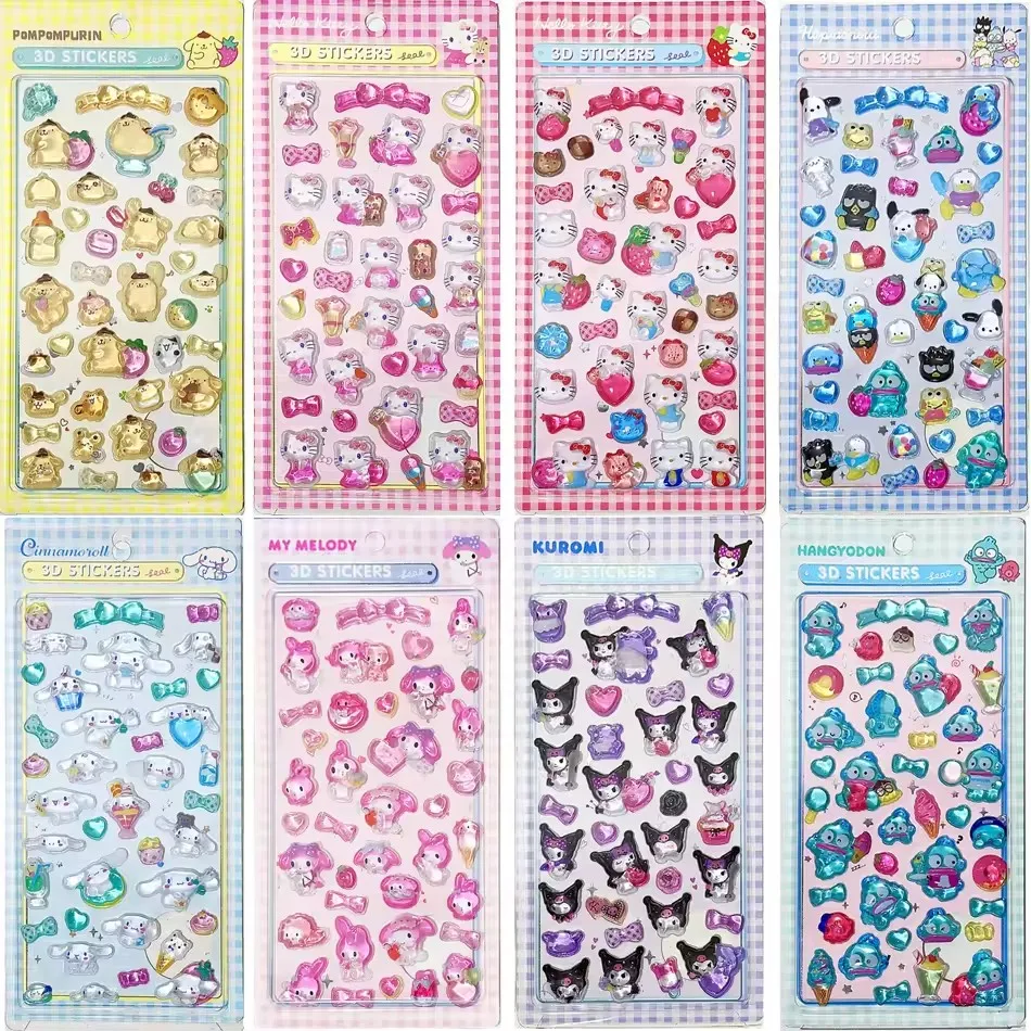 

Cute Anime Hellokitty 3D Sanrio Stickers Kuromi Cinnamoroll Transparent Jelly Crystal Decorative Sticker Phone Case DIY Kids Toy