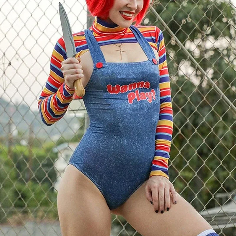 Disfraces de Halloween para mujer, muñeco asesino de pesadilla aterradora, Wanna Play, personaje de película, body, conjunto de disfraces de muñeca Chucky