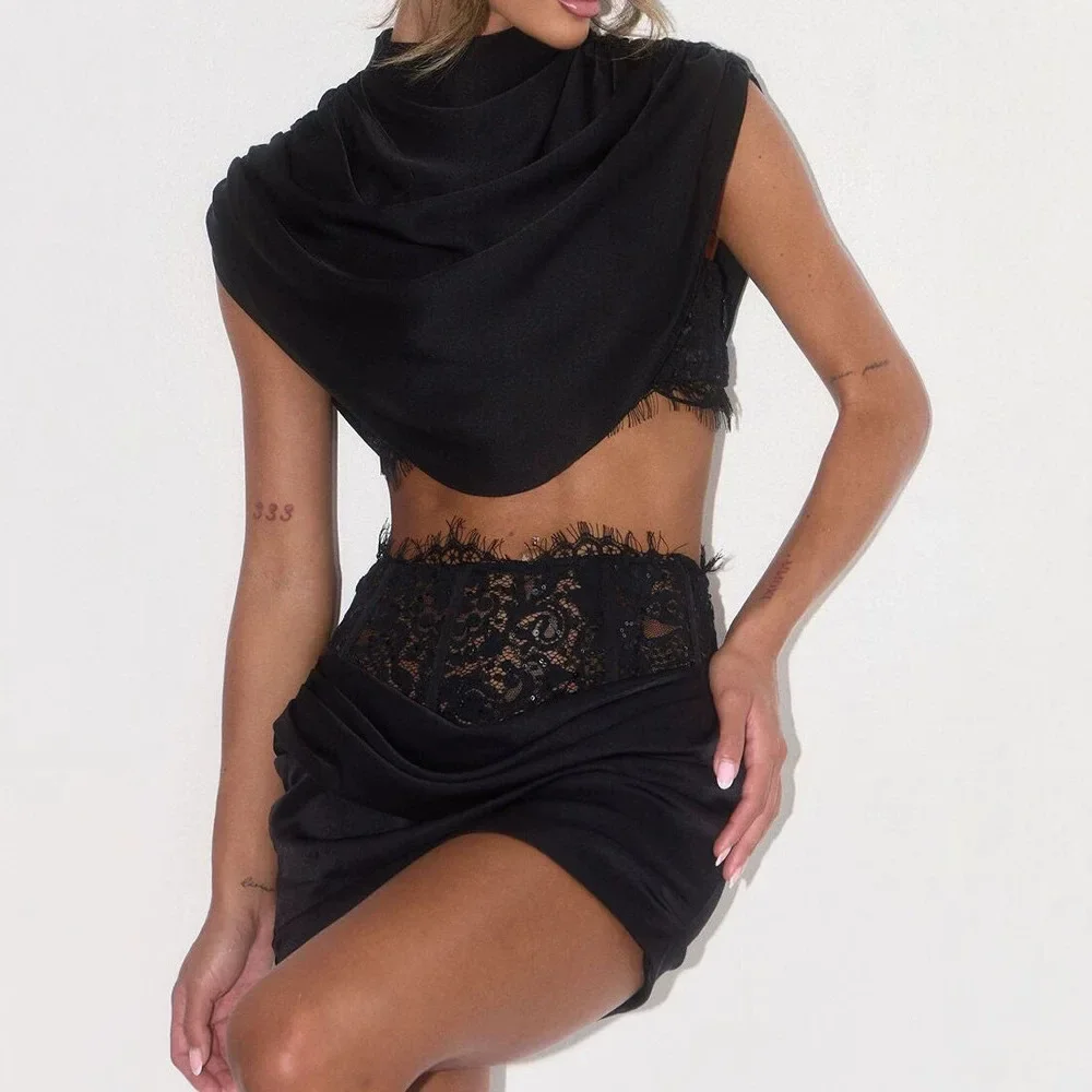 Women's 2 Piece Set Sleeveless Drape Satin Crop Top High Waist Lace Waist Ruched Bodycon Skirt Fashion Party Club Outfit