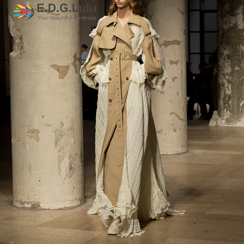 

EDGLuLu Fashion Design Splicing Lace Asymmetrical Long Windbreaker Jacket Turn-Down Collar Double-Breasted Long Coat 0722