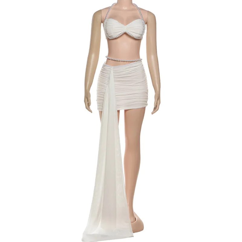 Parels witte galajurk 2-delige rokset sexy mouwloze top bh + korte mini strandvakantie bruiloft gast gewaden feest bruidsjurk