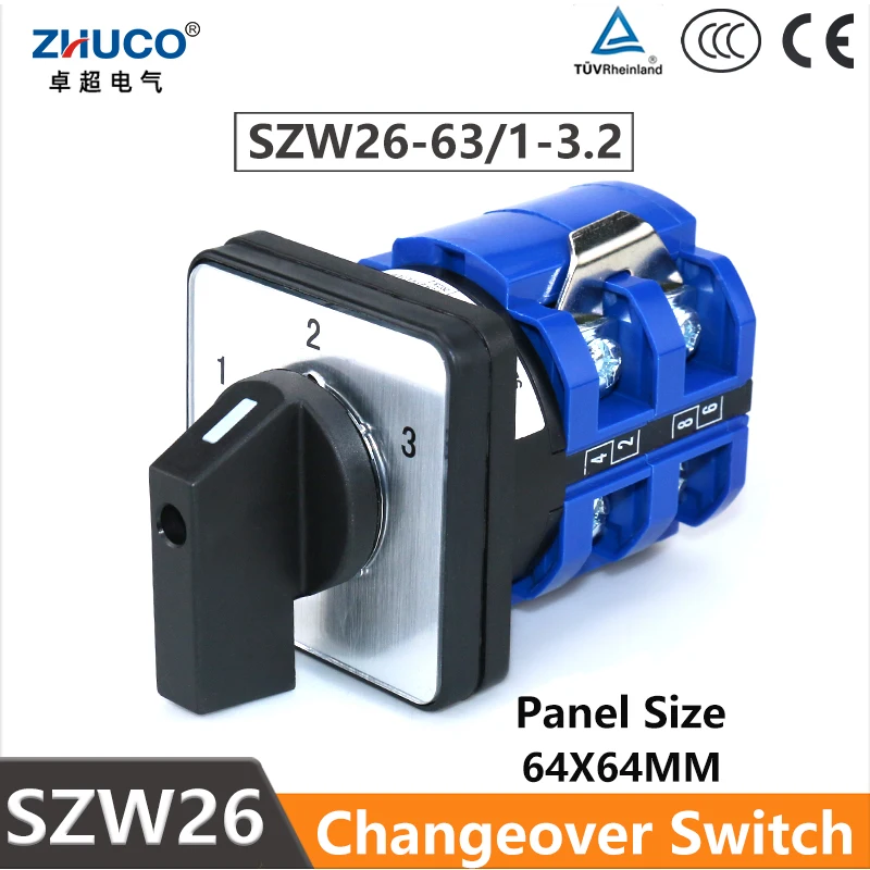 

ZHUCO SZW26/LW26-63 63A 3 Position 1-2-3 8 Terminals 2 Poles Universal Knob Ganrator Changeover Cam Rotary Switch