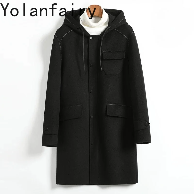 YOLANFAIRY 100% Wool Coat for Man Hooded Winter Fashion Double-faced Woolen Jacket Mens Clothing Mid-length Overcoat 2026 пальто
