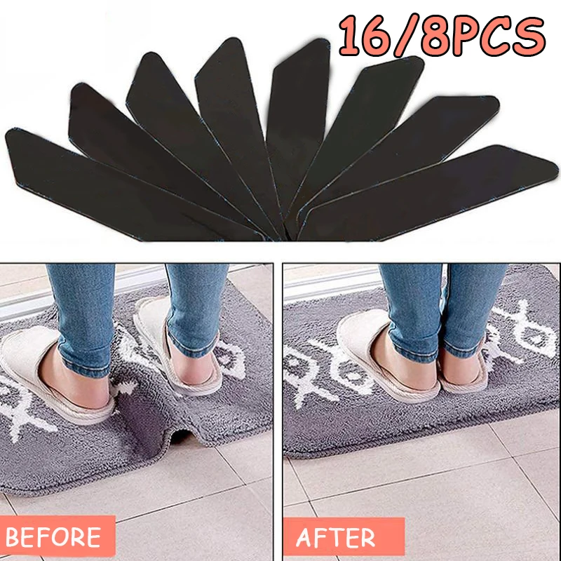 16/8pcs Reusable Washable Anti Curling Carpet Patch Fixed Stickers Carpet Non-slip Sticker  Floor Rug Mat Tape Gripper Corner Pa