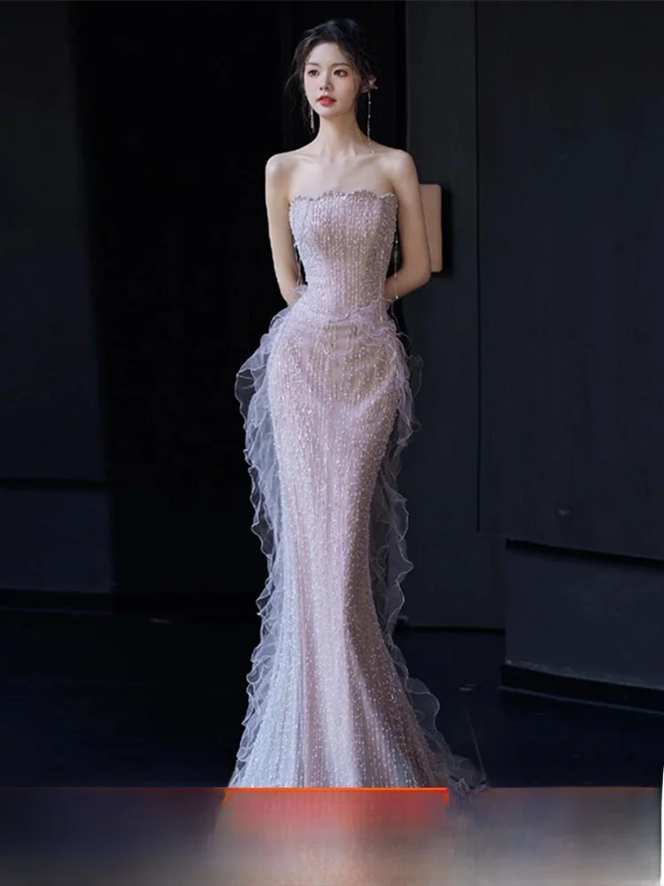 

Elegant Fish-Tail Evening Gown with Strap Wedding Dress for Women in Pink Heavy Embroidery Beaded Mid-Waist Long Skirt