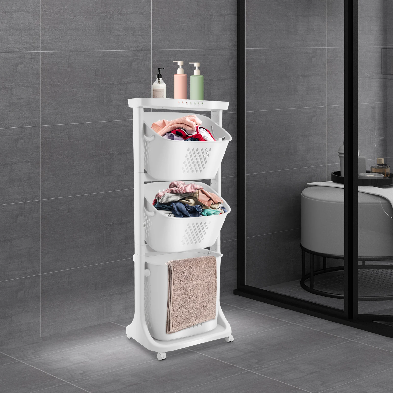 

3-Tier Laundry Basket with Wheels 360° Rolling Floor-Standing Large Capacity Multi-layer Dirty Clothes Basket Clothes Organizer