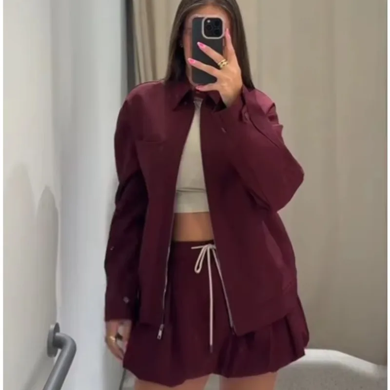 Fashion Tied Lantern Mini Skirt Sets Women 2 Pieces Zipper Pocket Decoration Jacket Suit 2024 Autumn New Wine Red Casual Outfits