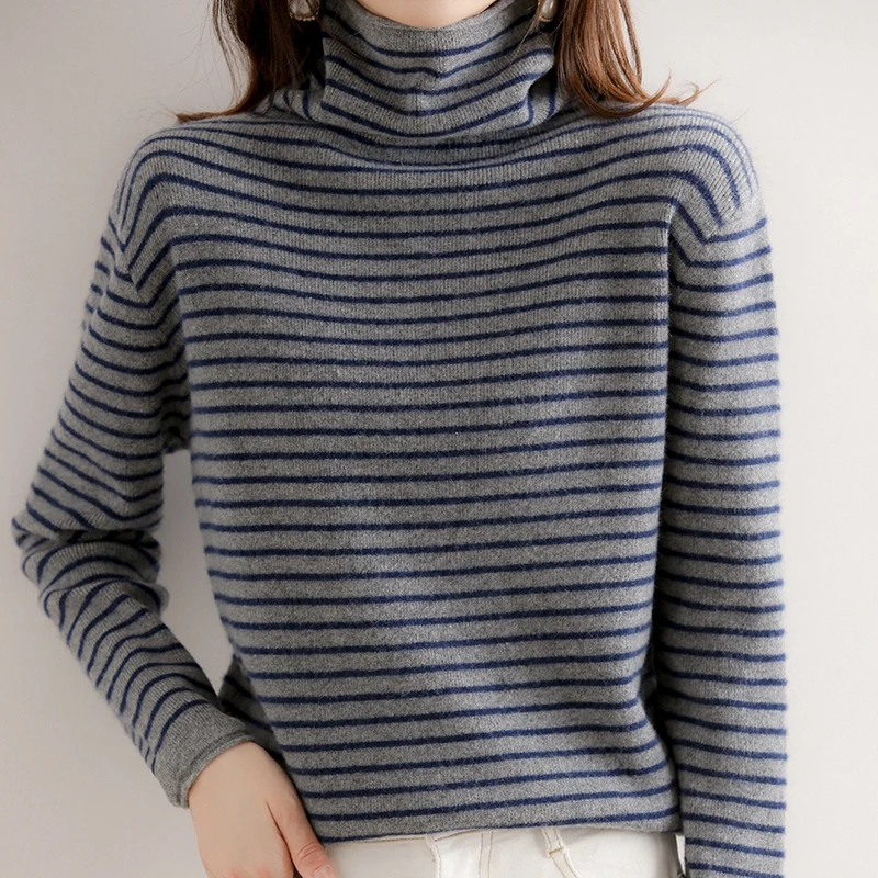 

Autumn Winter Women Pure Wool Blend Soft Sweater Fashion Pile Collar Striped Pullover Cashmere Sweater Casual Knitted Tops