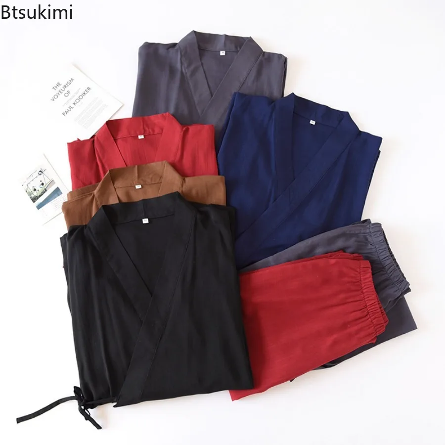 2026 Men's Japanese Kimono Robes Sets Cotton Linen Pajamas Two-piece Set Couple Loose Bathrobes Sweat Steaming Home Service Suit